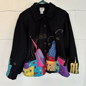 Midnight Velvet Vintage Black Cotton Rayon Jacket 1X Embroidered Cityscape